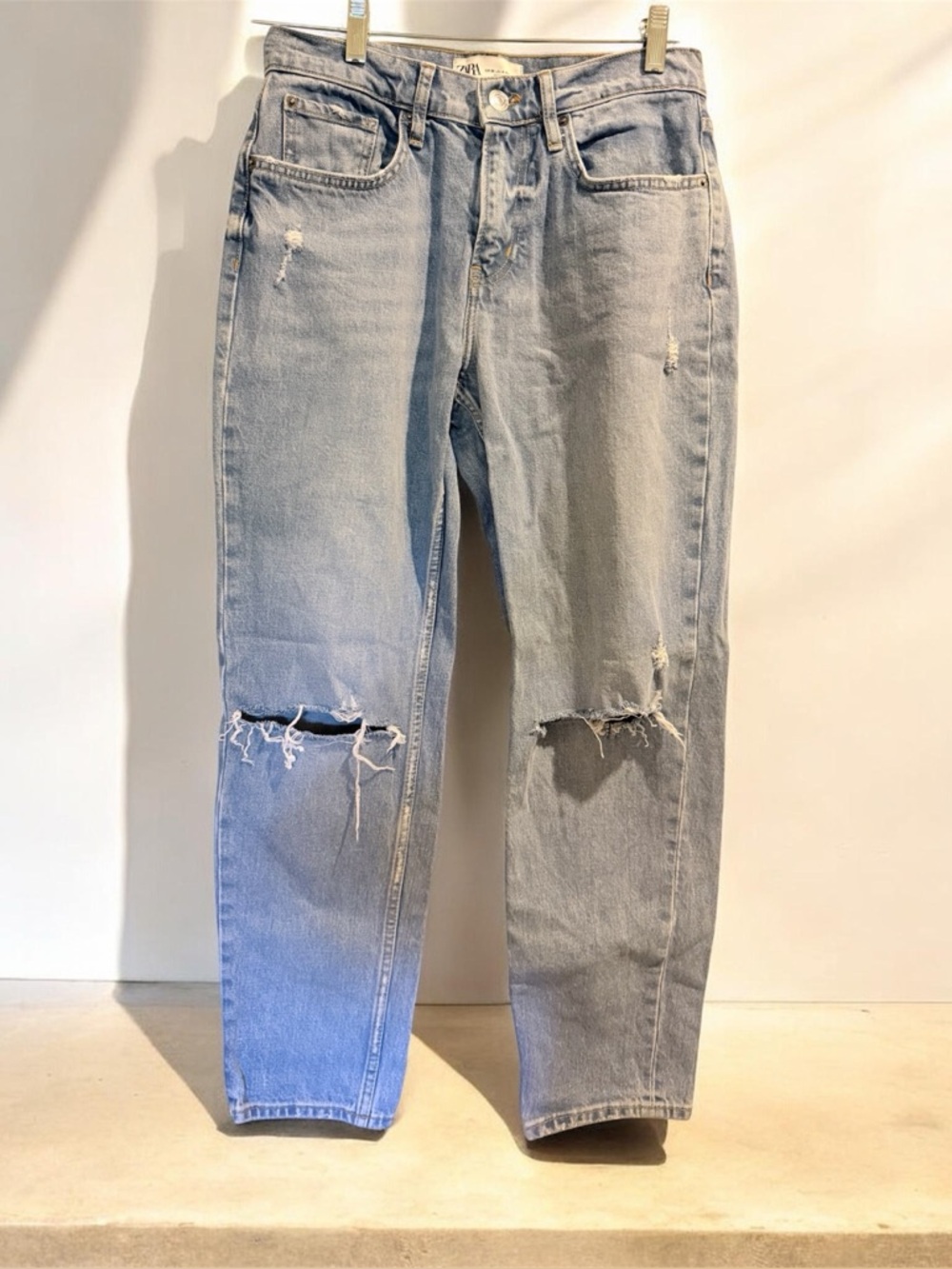 ZARA Light Wash Distressed Straight Leg Mom Jeans